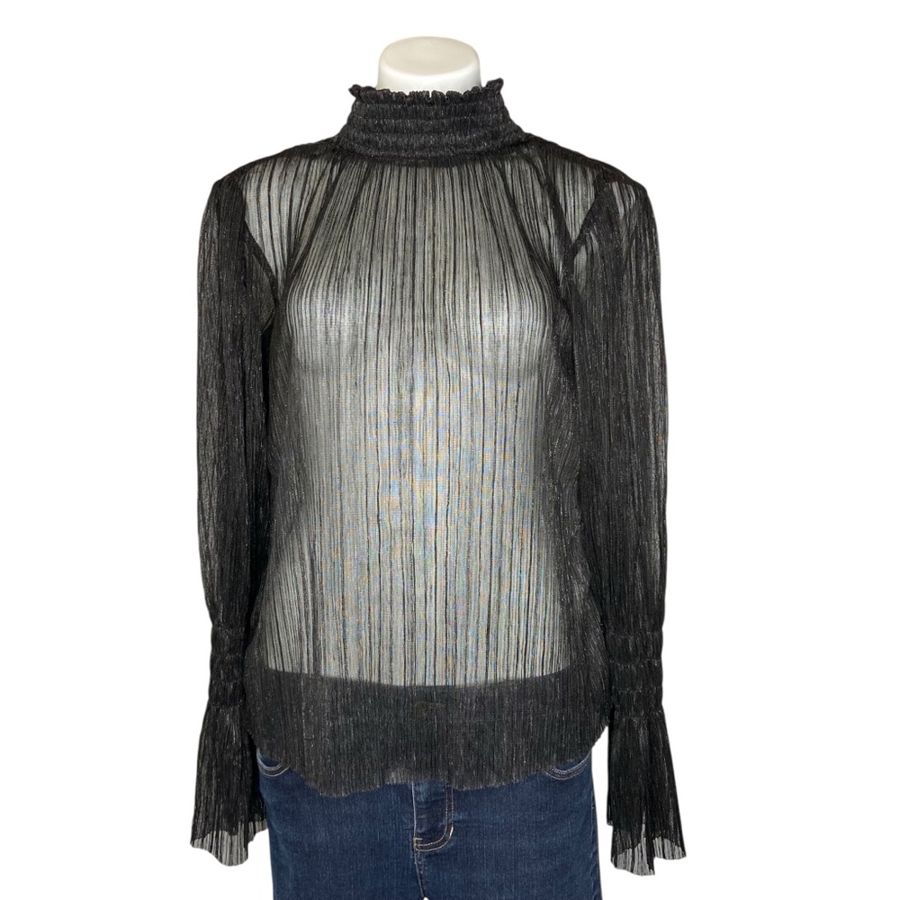 SUGARLIPS Sheer Mock Neck Bell Pleated Long Bell Sleeve Black Top Medium